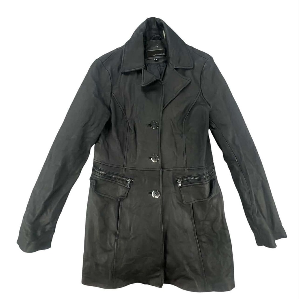 Wilsons Leather Trench Coat Womens Medium Black Genuine Leather Vintage EUC‎